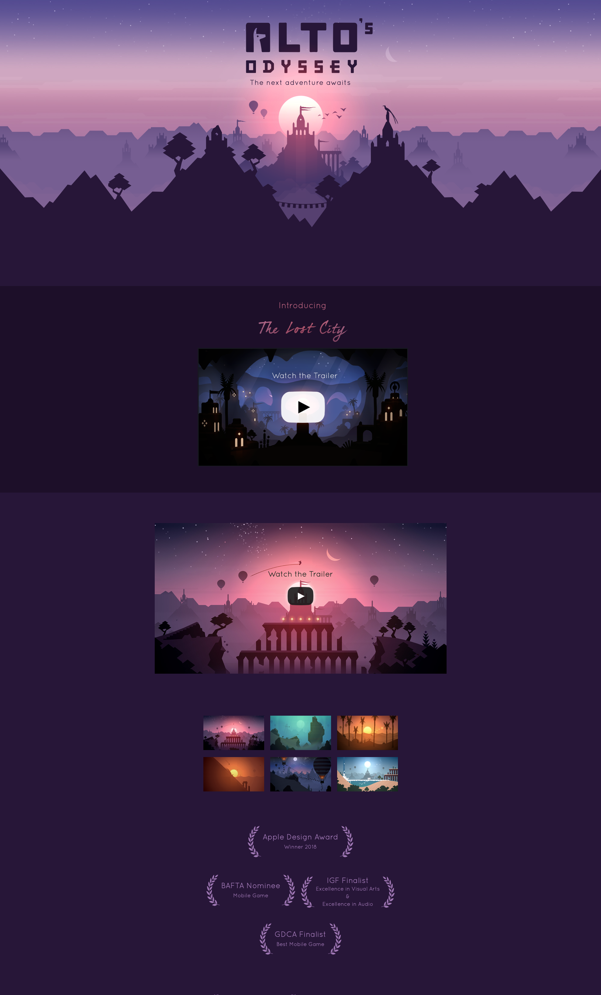 Alto's Odyssey Entertainment website - Award-winning mobile adventure game with serene desert landscapes and minimalist hand-crafted art style. Rich purple and pink palette creates a contemplative, meditative atmosphere with warm sunset tones.