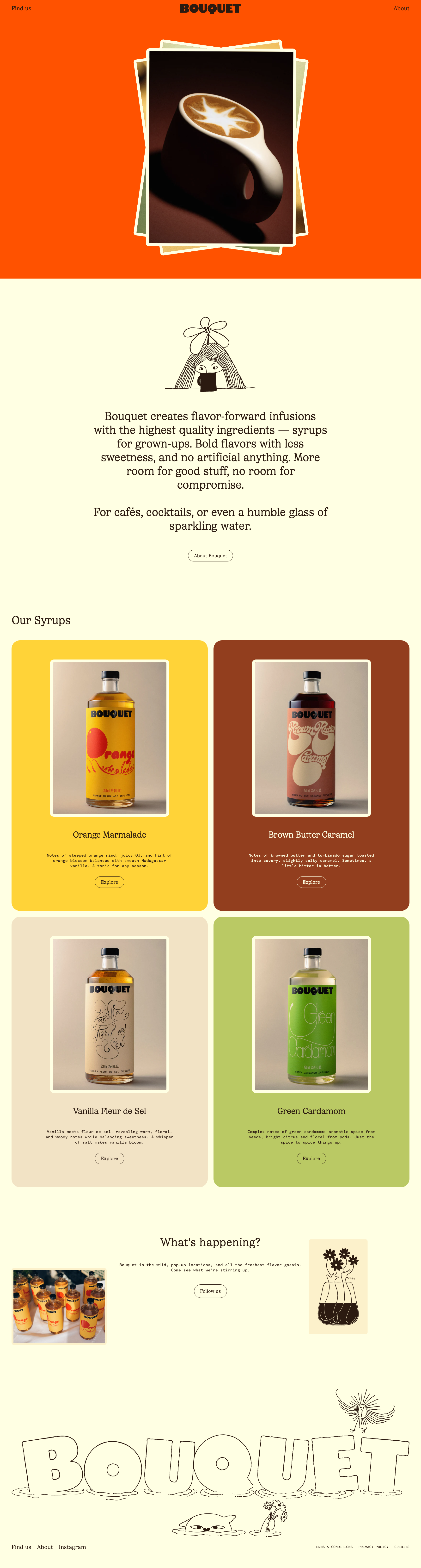 Bouquet Infusions E-commerce website - Specialty syrup company creating flavour-forward infusions for grown-ups. Premium artisanal aesthetic with warm vibrant orange and golden yellow palette, custom serif typography, and playful hand-drawn illustrations.