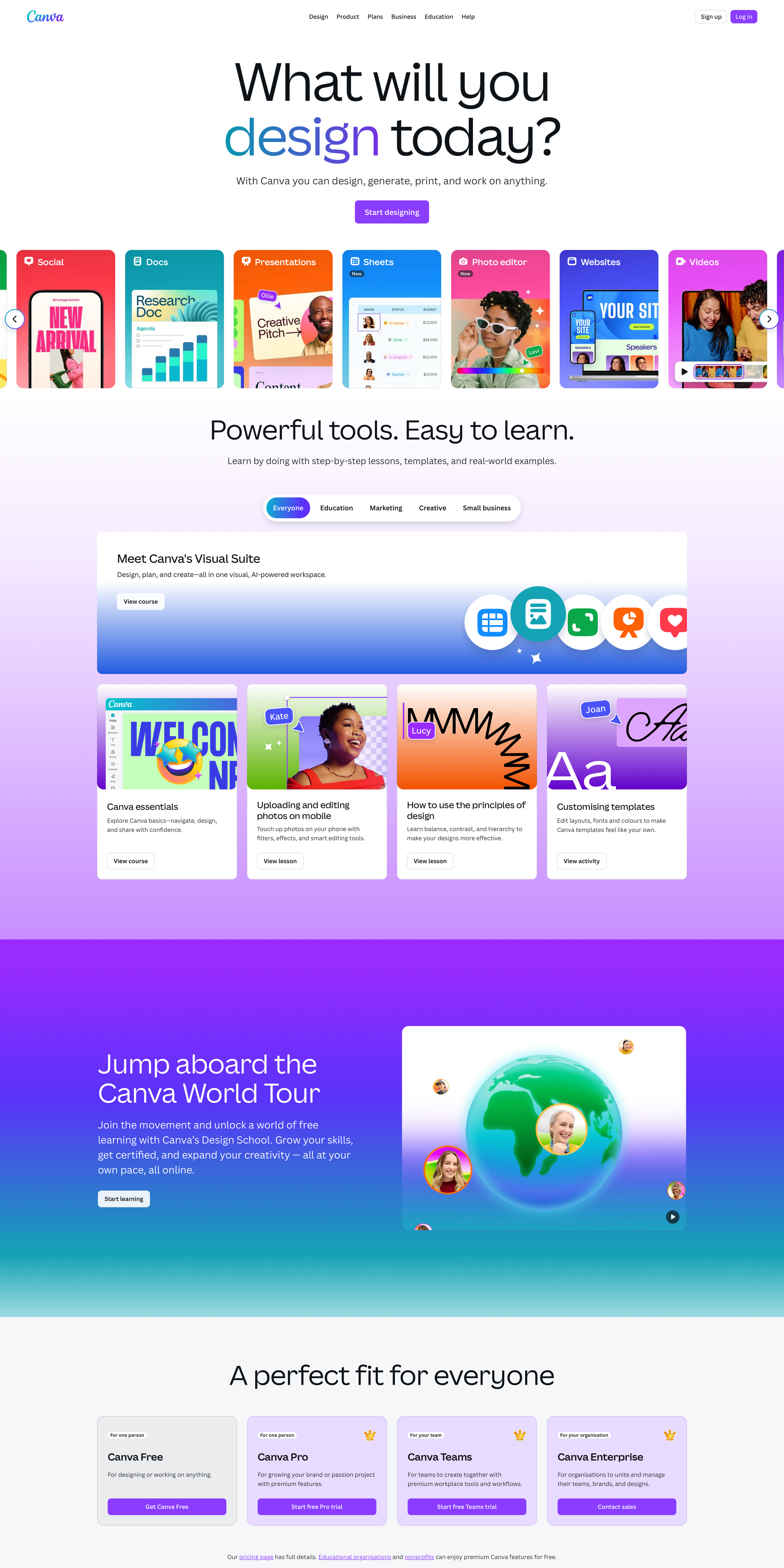 Canva SaaS website - Graphic design platform with a vibrant, playful multi-colour brand palette featuring purple and cyan. Known for accessible, creative design tools with an energetic, fun aesthetic.