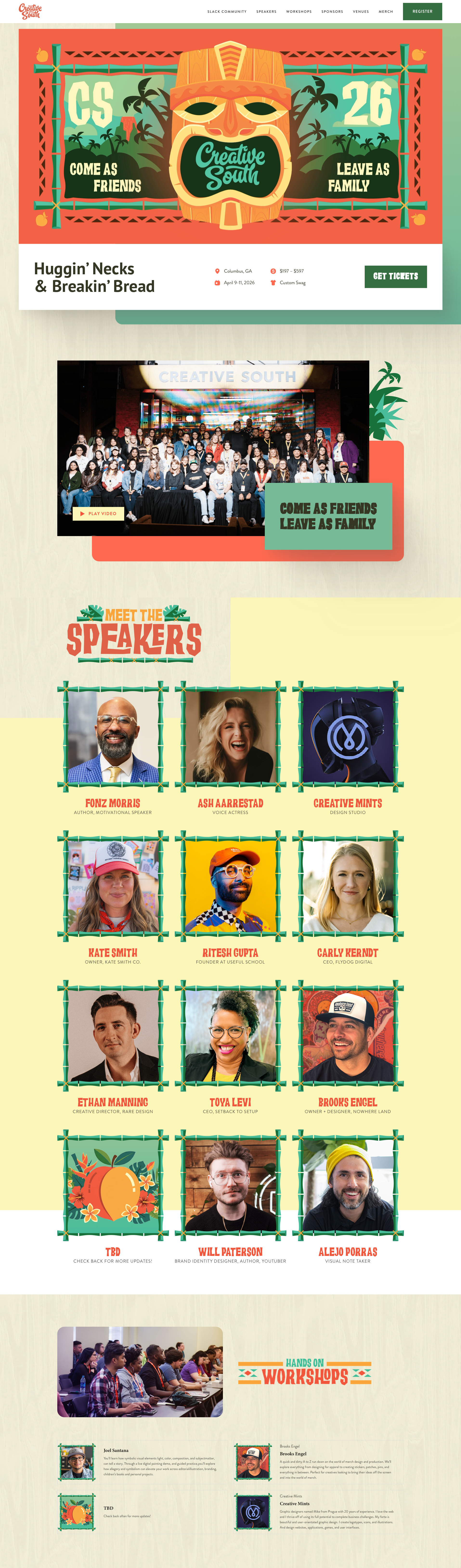Creative South 2026 Events website - Annual design conference in Columbus, GA with warm, approachable aesthetic. Playful tropical tiki theme with earthy palette featuring vibrant orange, tropical greens, and soft cream tones creating an inviting, community-focused Southern atmosphere.