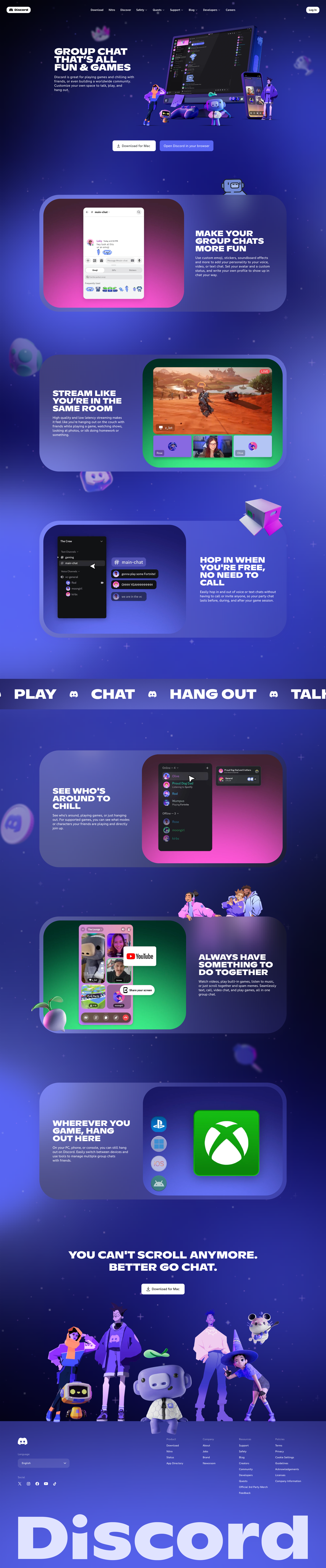 Discord SaaS website - Voice, video, and text chat platform for communities and gamers. Clean, modern interface with distinctive blurple brand colour, dark theme optimised for extended use, and playful accent colours for status indicators.