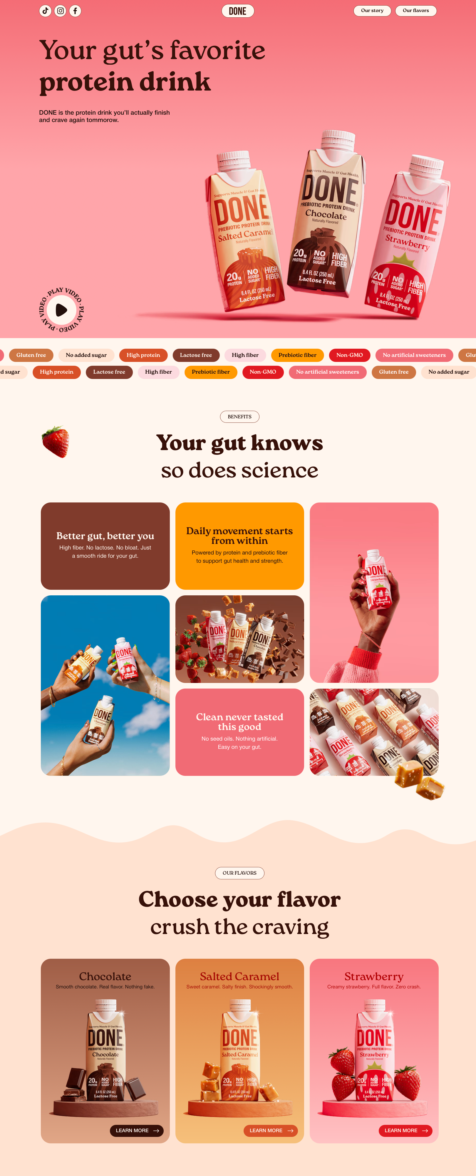 Done Drinks E-commerce website - Gut-friendly protein drinks with Nordic-inspired branding. Warm cream backgrounds with flavour-specific accent colours: deep brown for chocolate, vibrant orange for salted caramel, and bold red for strawberry.