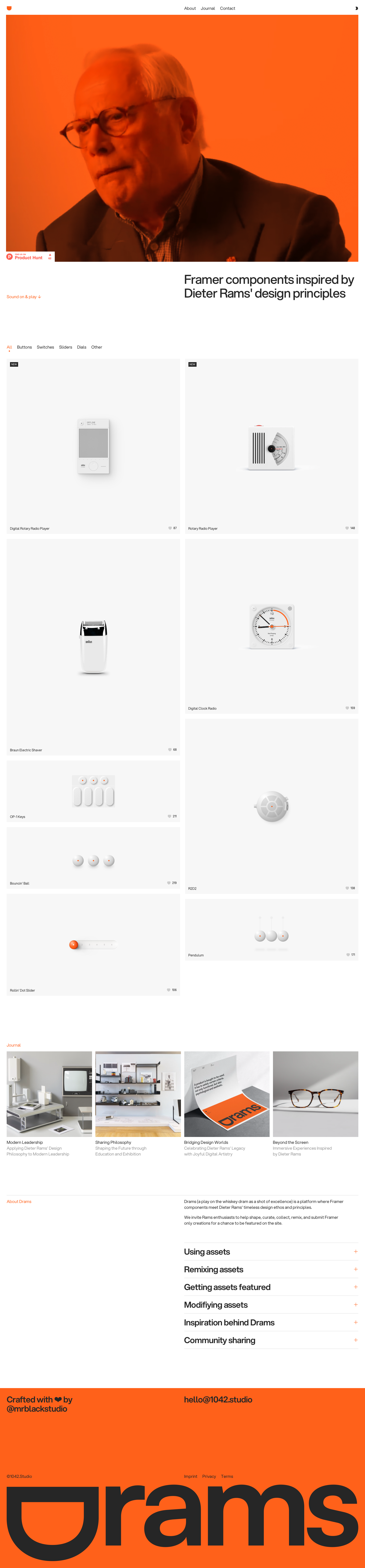 Drams UI Components website - Beautifully detailed skeuomorphic Framer components library inspired by Dieter Rams' design principles. Minimalist modern aesthetic with vibrant orange accent, clean typography, and generous whitespace embodying 'less but better' philosophy.