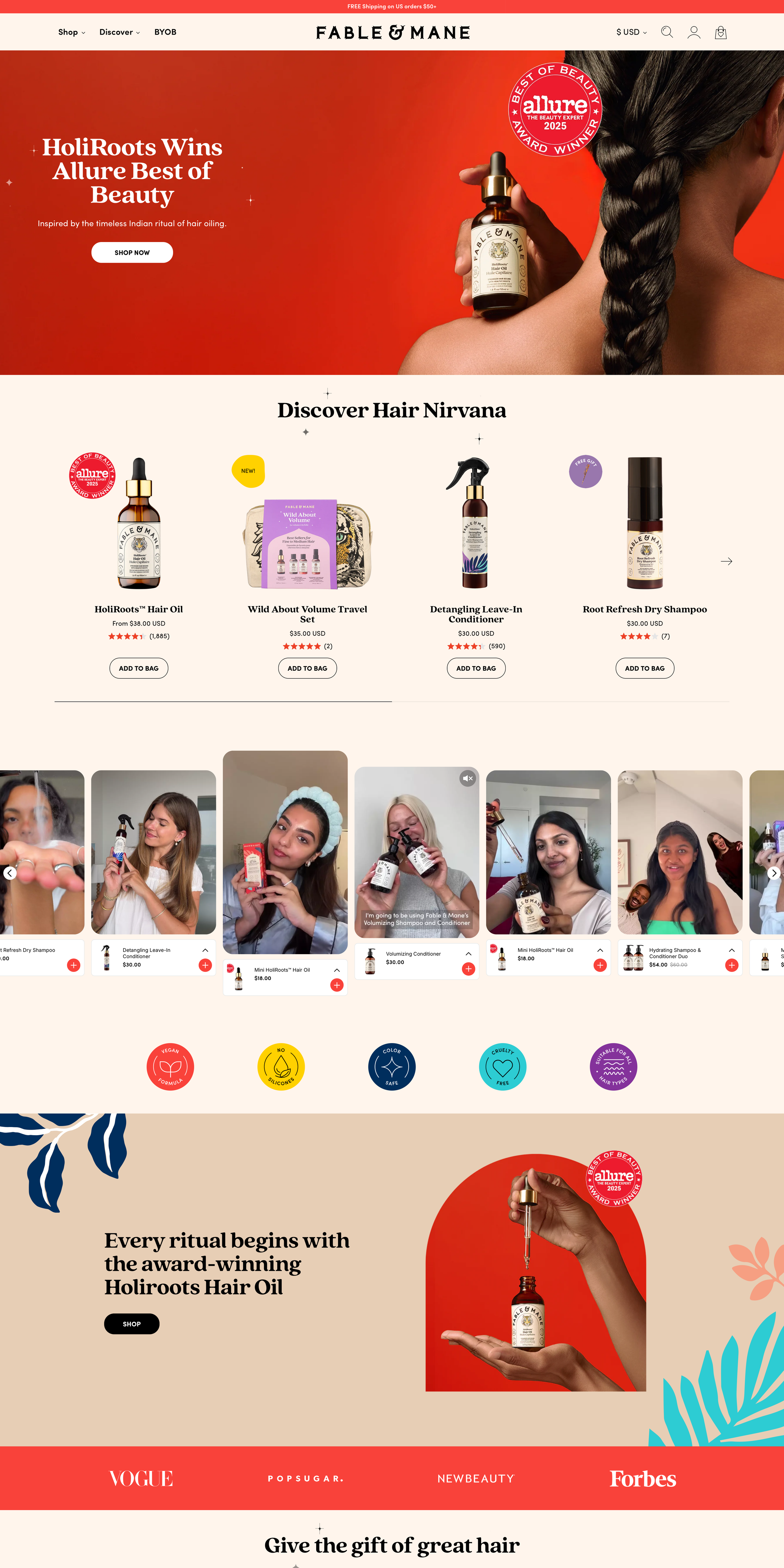 Fable & Mane E-commerce website - Family-founded hair wellness brand inspired by ancient Indian rituals. Clean, vegan haircare with Ayurvedic ingredients. The website blends luxury eCommerce design with cultural storytelling, featuring rich earthy tones with deep red, warm cream, and beige.