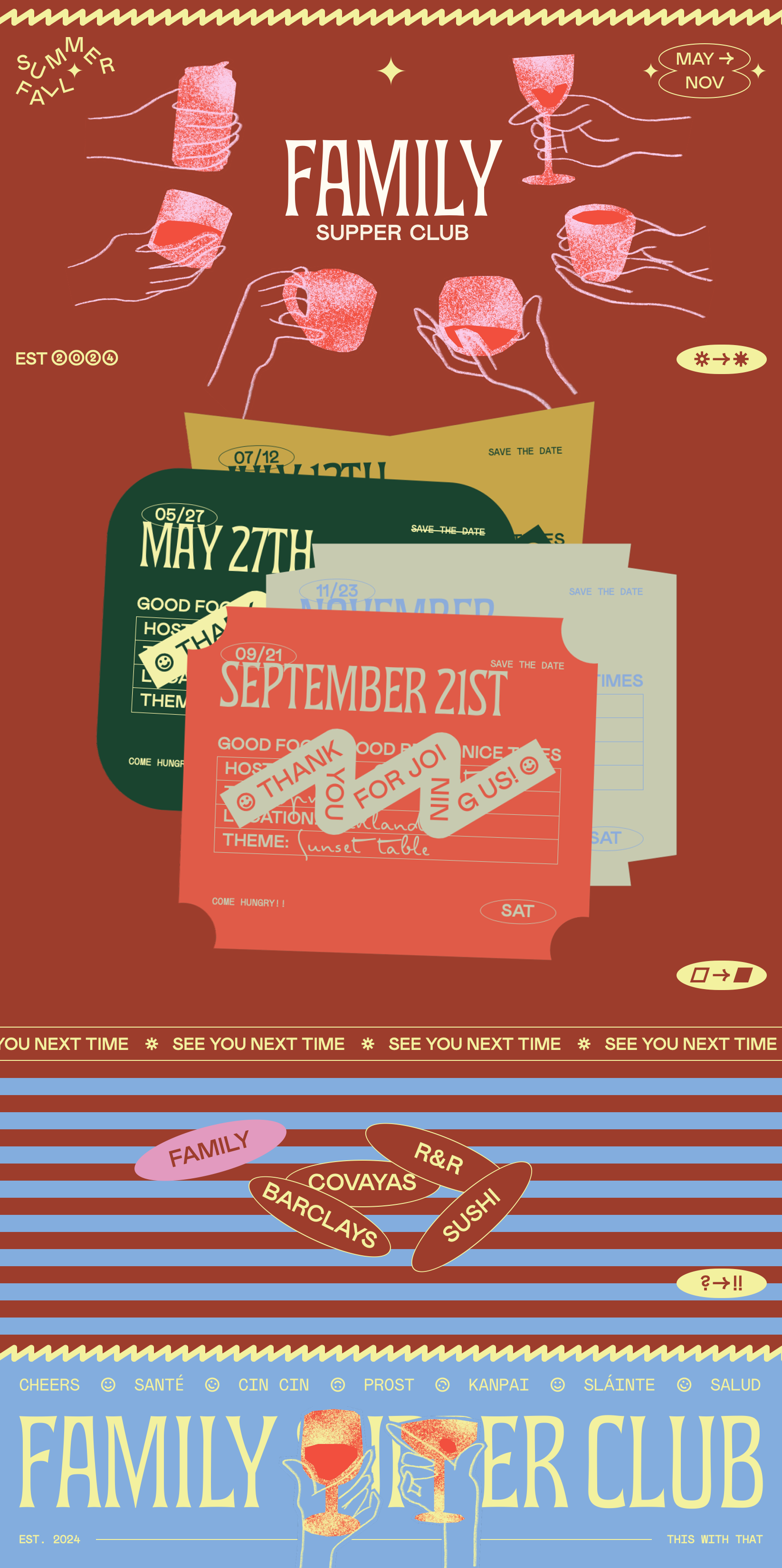 Family Supper Club Restaurant website - Intimate supper club bringing people together over good food and beverages. Playful, retro-inspired design with warm terracotta backgrounds and a pastel rainbow palette of yellow, pink, blue, and sage green.