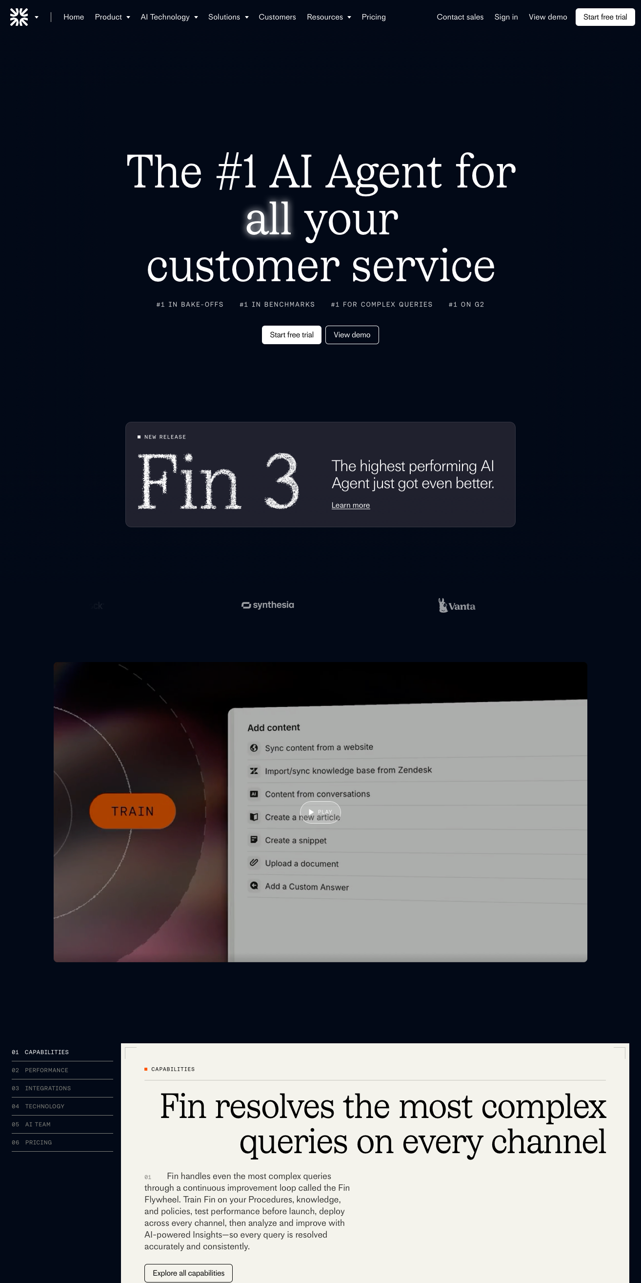 Fin SaaS website - Advanced AI Agent for customer service, built by Intercom. Features a dark interface with vibrant orange accent colour and a modern Next.js architecture.