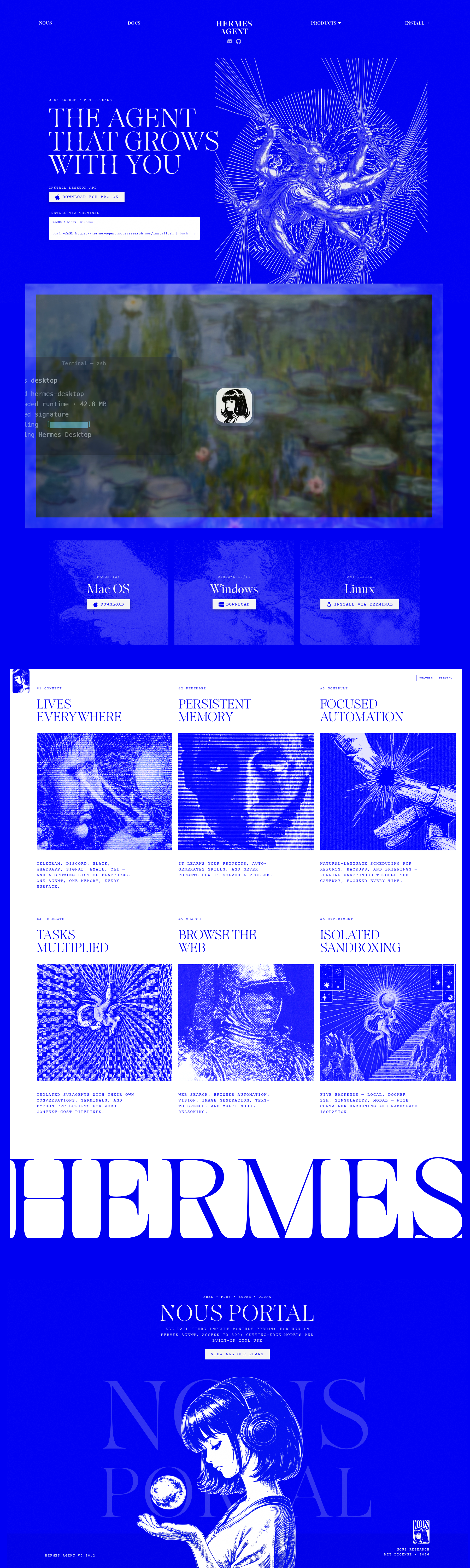 Hermes Agent SaaS website - An almost pure blue (#0000f2) covering nearly the entire page, with off-white type and duotoned engraving-style illustrations sitting on top. What I like is the commitment — there's no gradient or tint softening it, just the one saturated blue broken up by a white feature section and a huge HERMES wordmark. The serif headings and monospace labels give it a printed, almost editorial feel that's unusual for a developer tool.