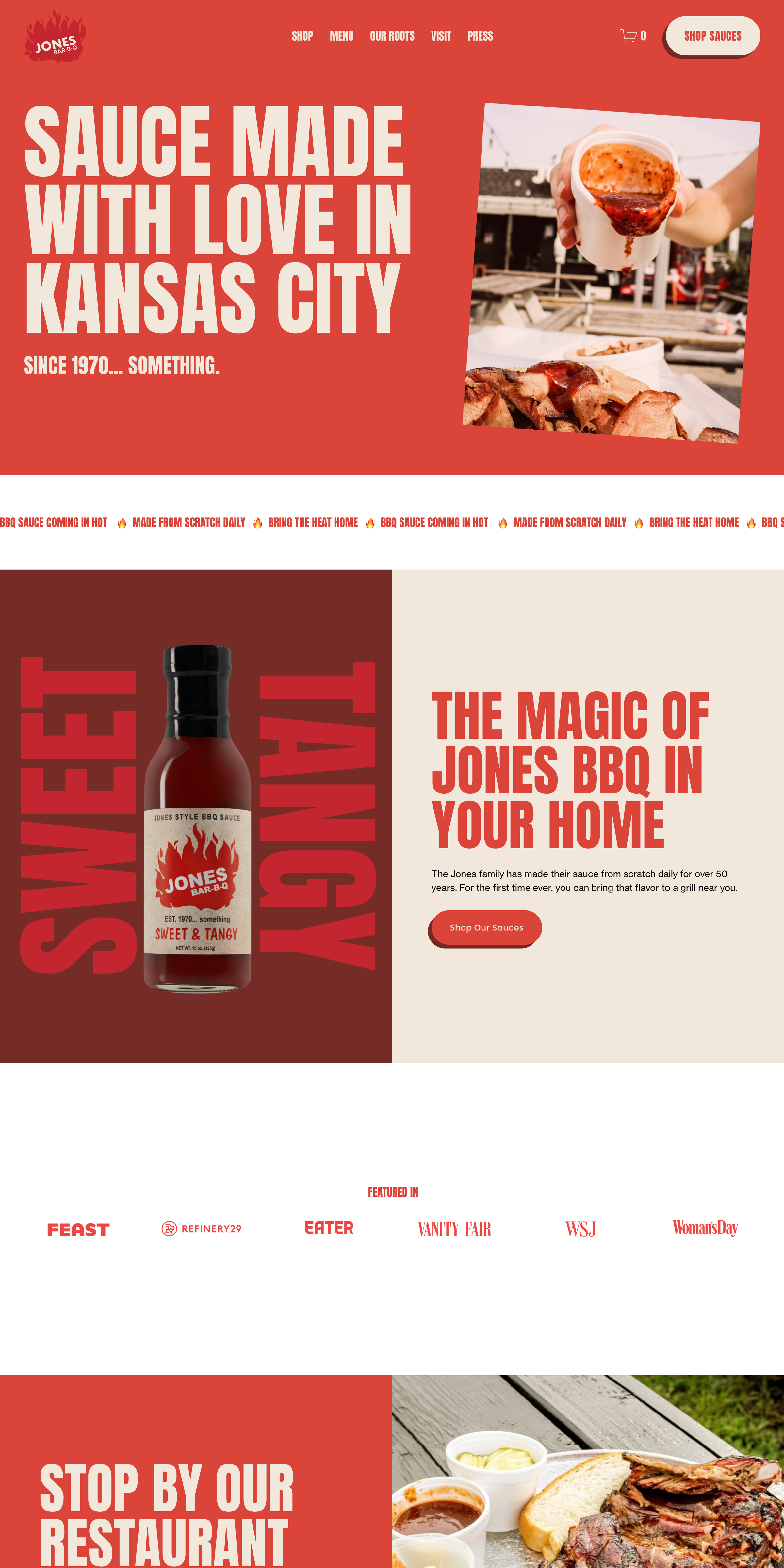 Jones Bar-B-Q Restaurant website - Kansas City BBQ restaurant with rustic Americana branding featuring a classic deep red and cream colour palette. Heritage brand established in 1970 with traditional, warm colour scheme.