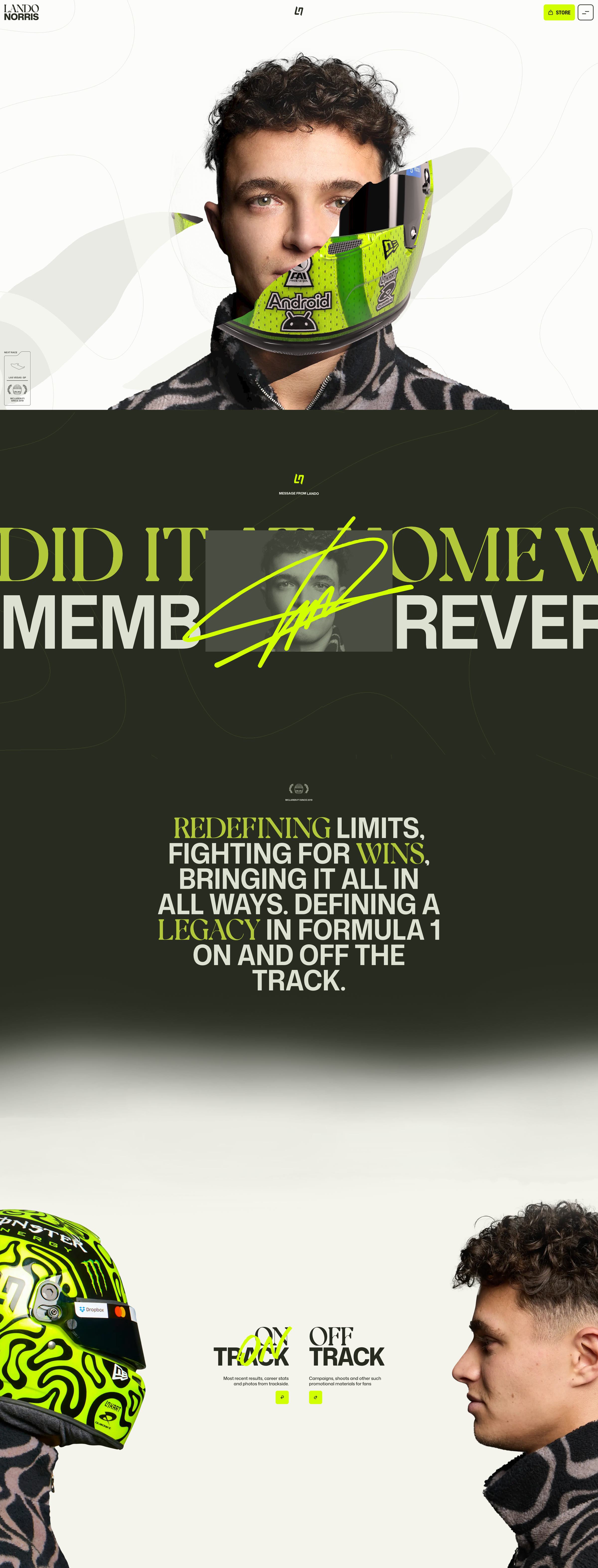 Lando Norris Personal Brand website - Formula 1 driver Lando Norris's personal website featuring high-level animation and beautifully executed interactivity. Dark muted colour palette with striking 'Electric Lime' green accents.