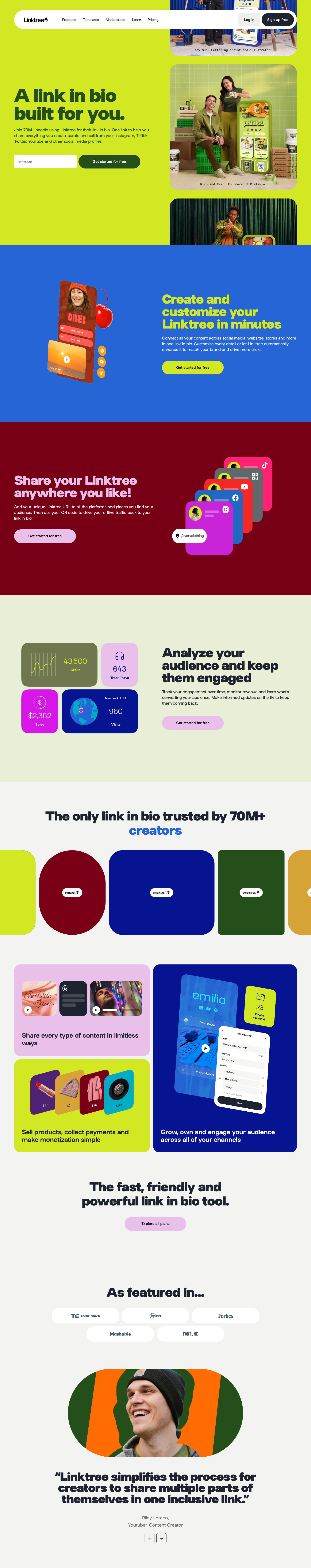 Linktree SaaS website - Link-in-bio platform with bold, vibrant colour sections featuring bright lime green, deep burgundy, rich blue, and soft beige. Playful marketing site with strong colour blocking and high-contrast typography.