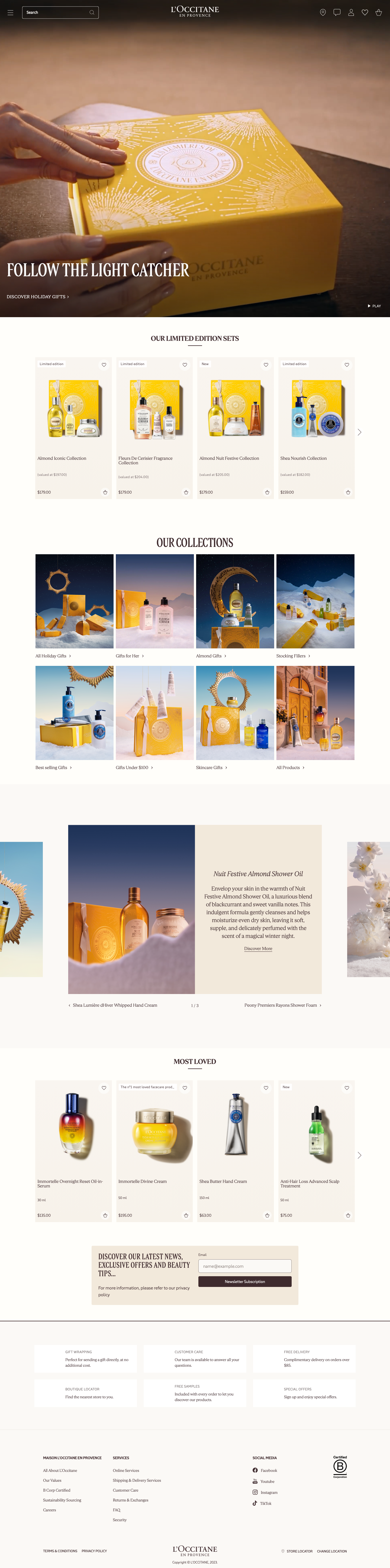 L'Occitane E-commerce website - Luxury French skincare and beauty brand inspired by Provence. Clean, elegant e-commerce design with warm earth tones, signature golden yellow from Provençal sunflowers, and soft cream backgrounds creating a natural, premium aesthetic.