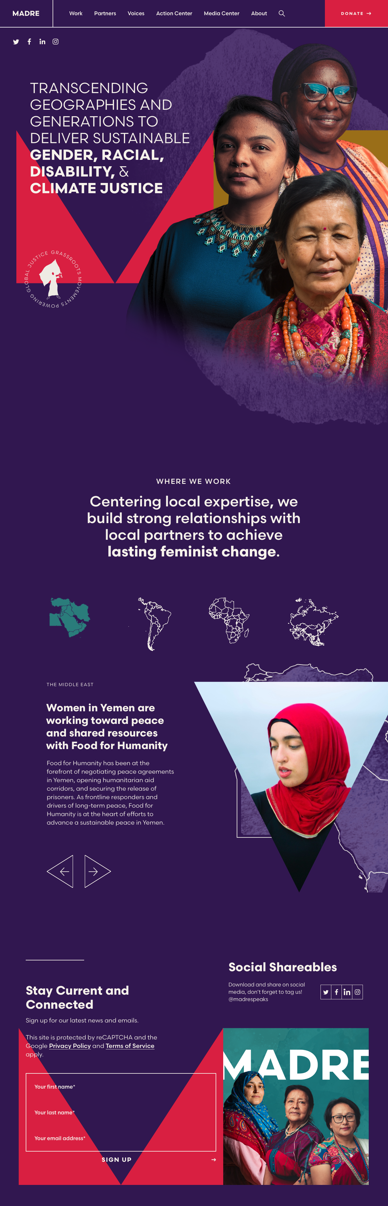 MADRE Non-profit website - Global women's rights organisation partnering with grassroots organisations worldwide. Bold purple and vibrant pink with diverse accent colours (teal, orange, red, gold) reflecting their intersectional, multicultural work.