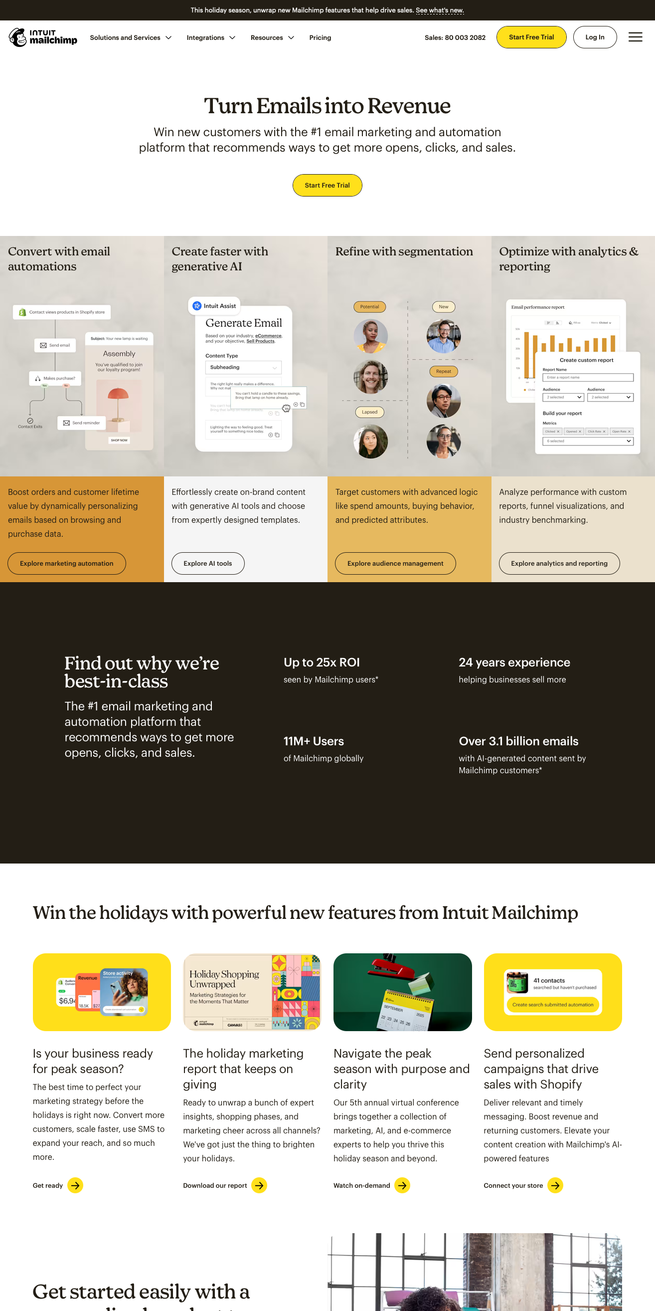 Mailchimp SaaS website - Email marketing and automation platform with a distinctive yellow brand colour and warm design featuring cream backgrounds and teal accents. Playful, friendly aesthetic with bold colour choices.