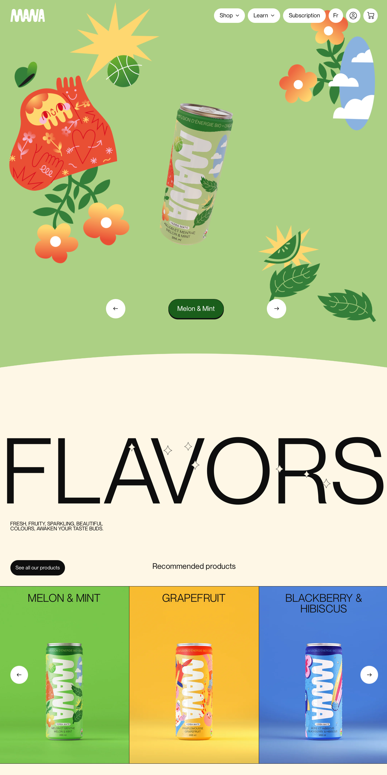 Mana Yerba Maté E-commerce website - Modern yerba maté brand with bold botanical photography and vibrant packaging. Clean e-commerce site with fresh greens, sunny yellows, blues, and pinks mirroring the natural flavour profiles.