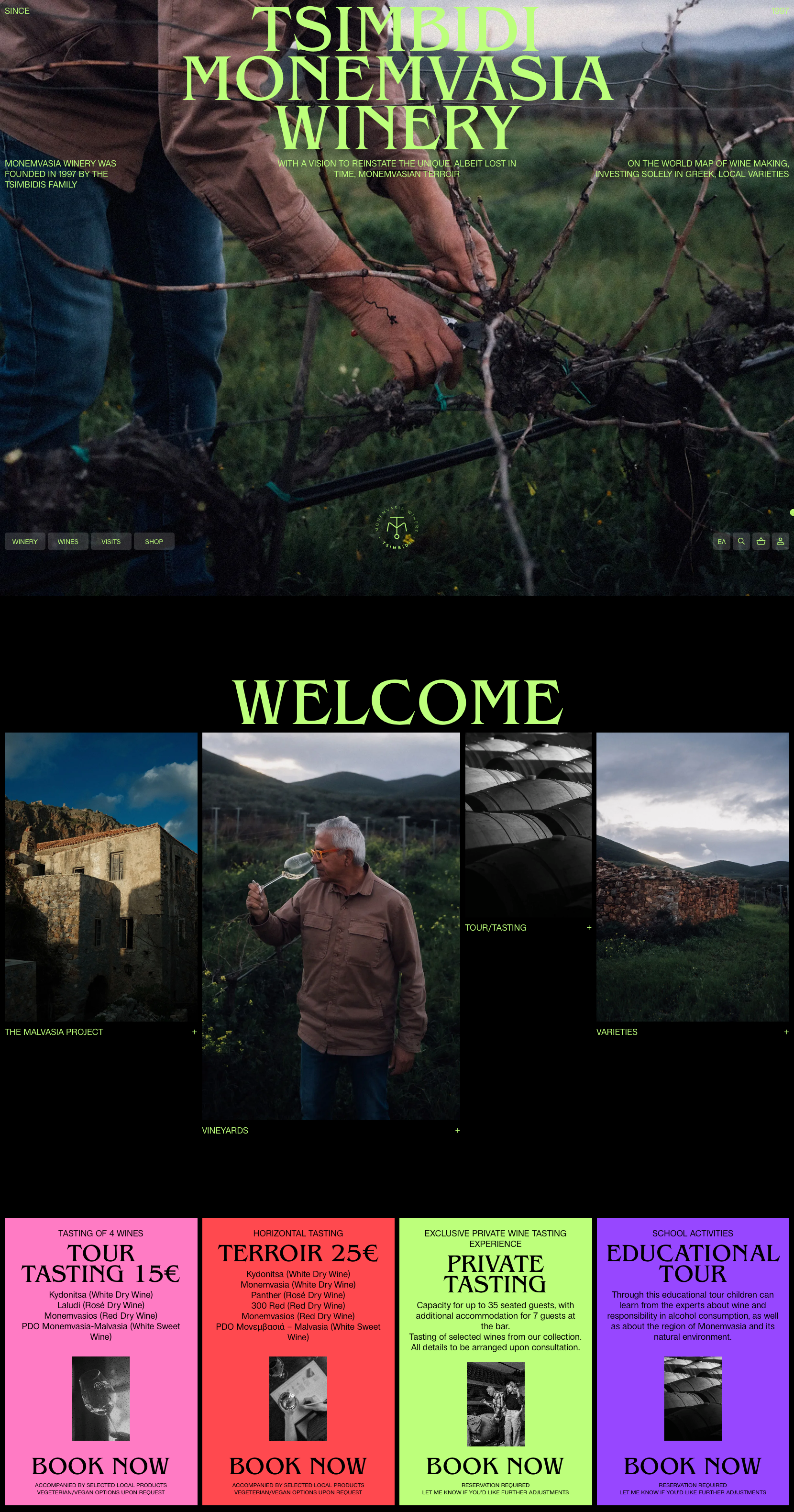 Monemvasia Winery E-commerce website - Greek winery blending tradition and modernity with vibrant neon-inspired colour palette. Striking fluorescent green dominates the design with bold pink, red, and purple accents.