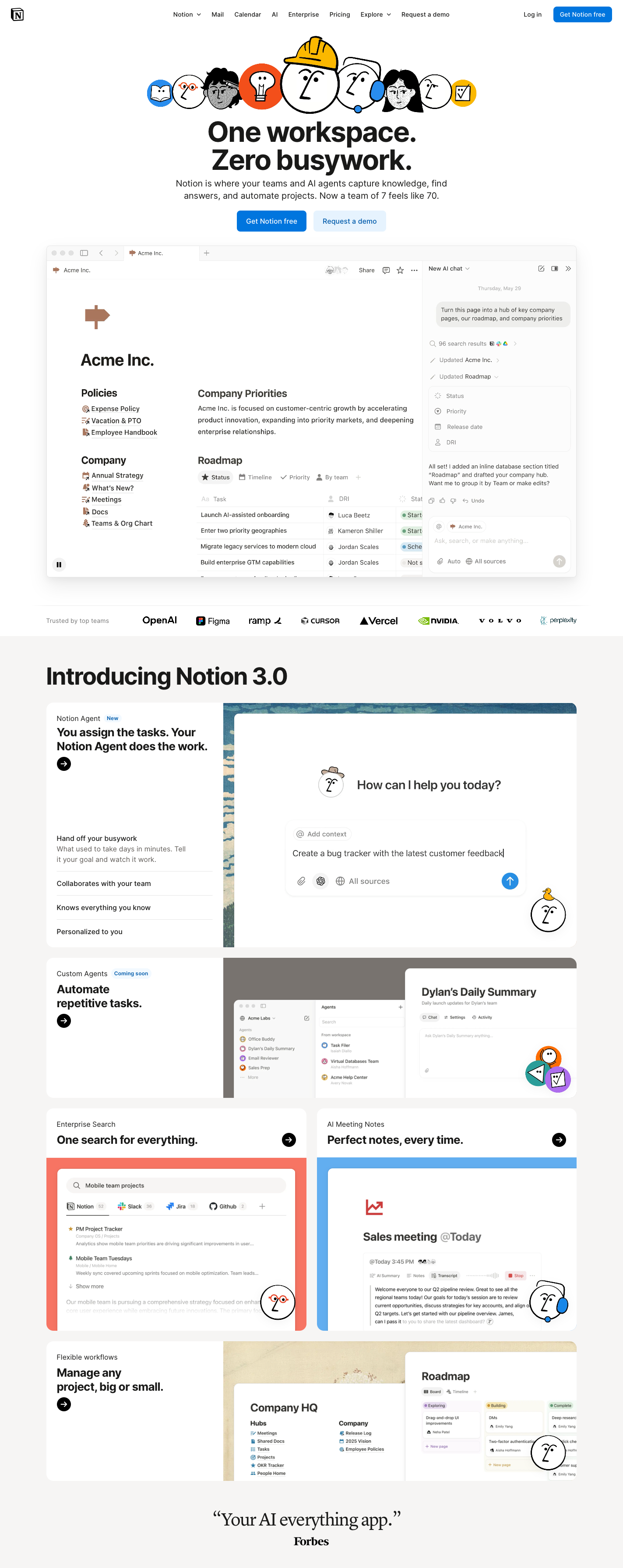 Notion SaaS website - AI-powered workspace platform combining document creation, project management, and knowledge management. Clean, minimal interface with whites and soft greys, accented by a bright blue for CTAs.