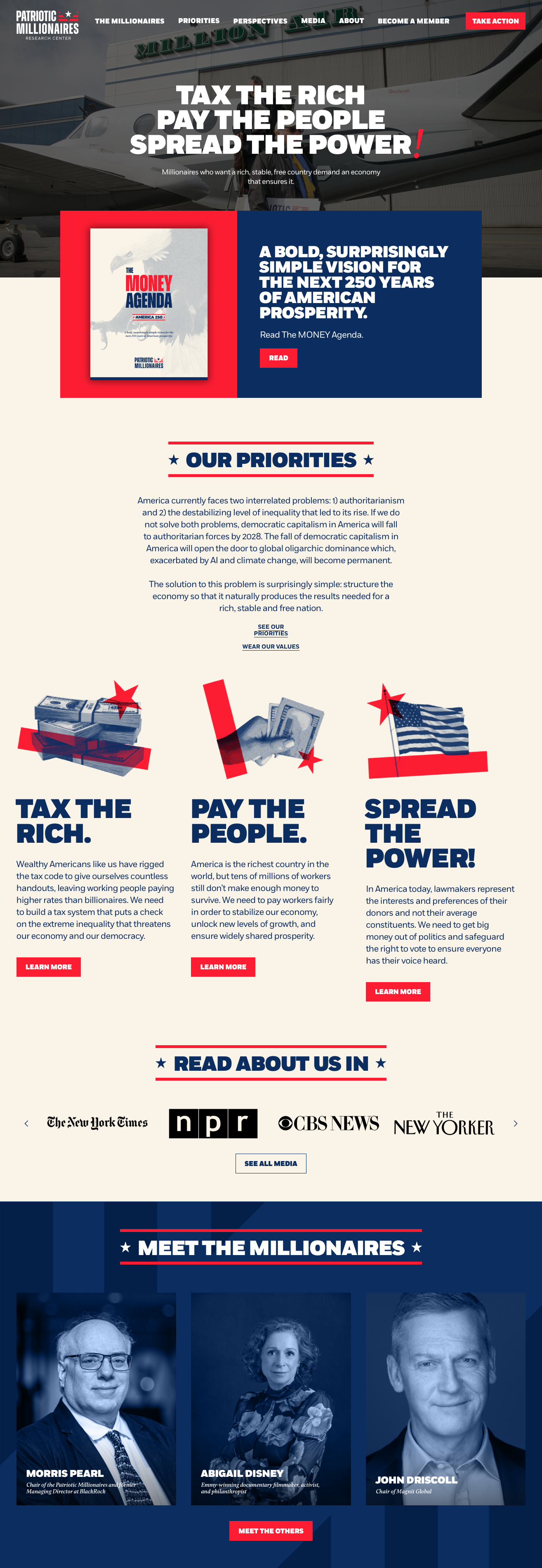 Patriotic Millionaires Non-profit website - Wealthy individuals advocating for economic reform through fair taxation and wage policy. Progressive advocacy group with patriotic red and navy blues on warm beige backgrounds.