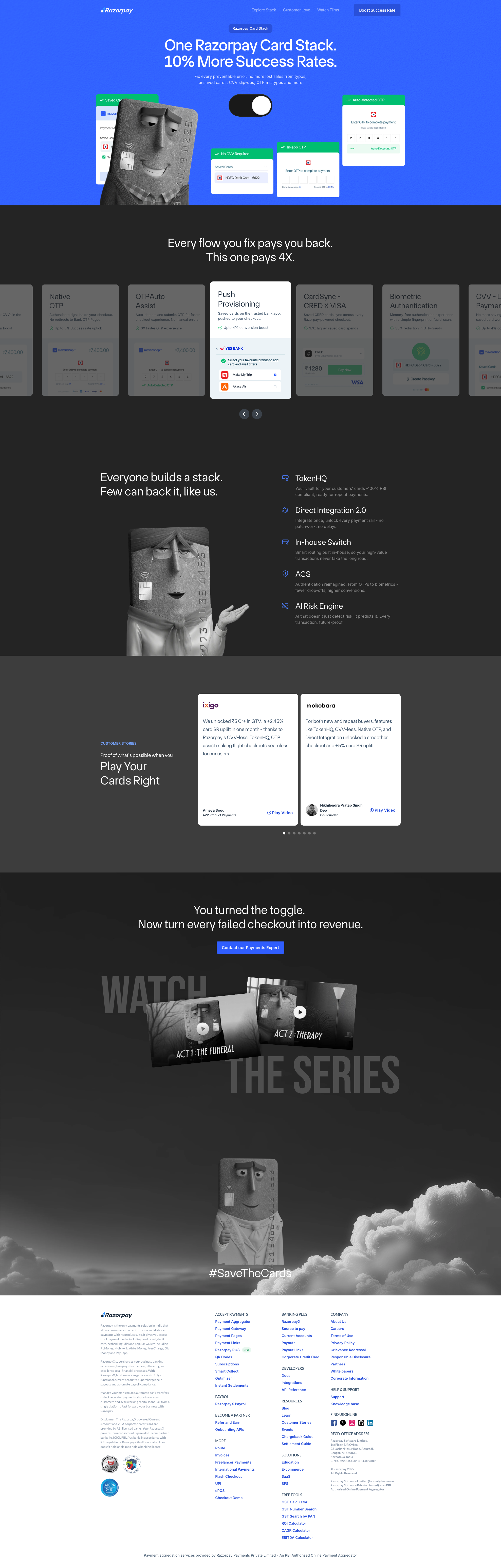 Razorpay SaaS website - Payment gateway and financial services platform with striking monochrome design using sparse electric blue accents for storytelling. The site cleverly uses grayscale to represent the dullness (a'la Rumblefish) before using Razorpay, then introduces vibrant blue to show the transformation after. Fantastic use of character animations throughout.