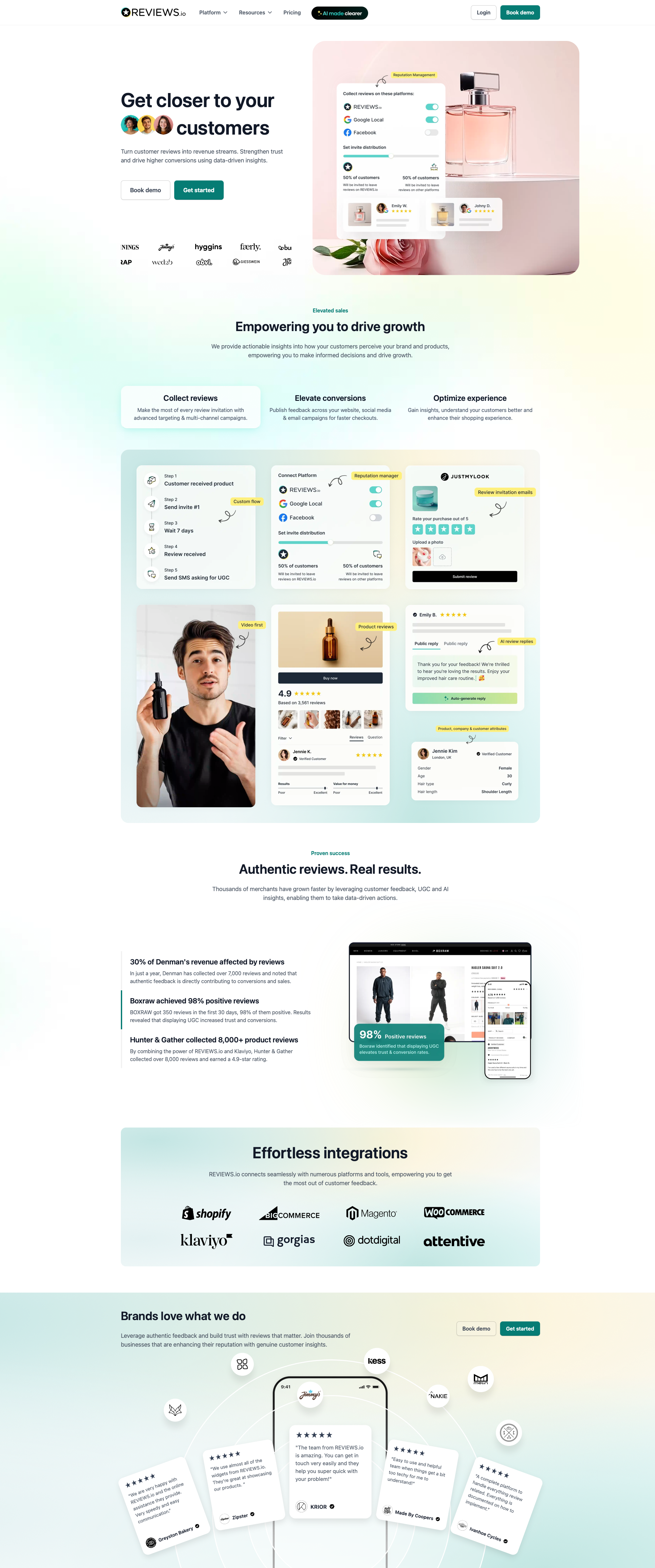 Reviews.io SaaS website - Customer review and feedback collection platform for ecommerce businesses. Super fresh and clean, with teal and mint palette and beautiful pastel gradient backgrounds.
