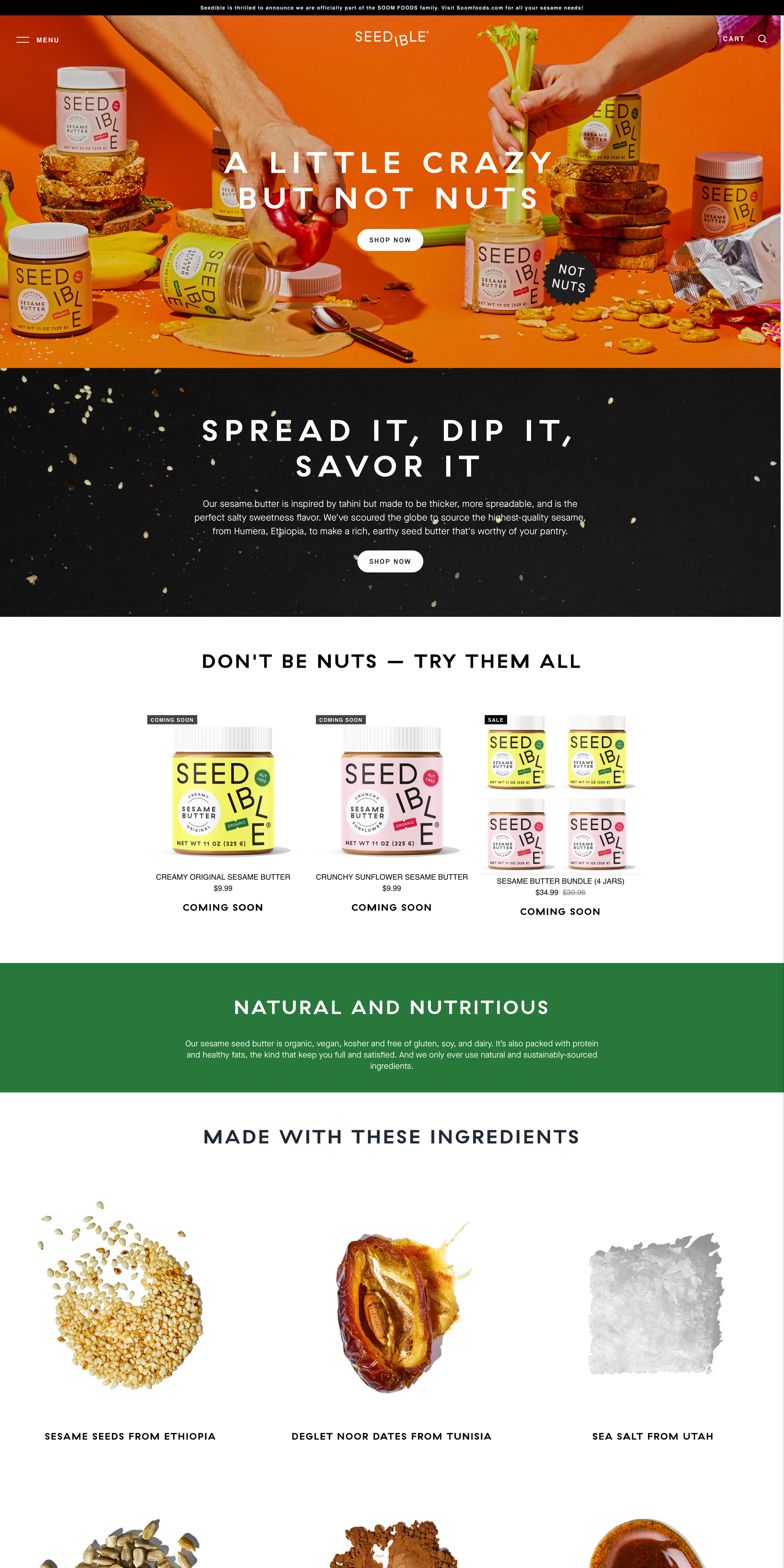 Seedible E-commerce website - Modern eCommerce platform for plant-based snacks with vibrant imagery and focus on sustainability. Bold, energetic colour palette with vibrant orange, green, and pink celebrating natural ingredients.