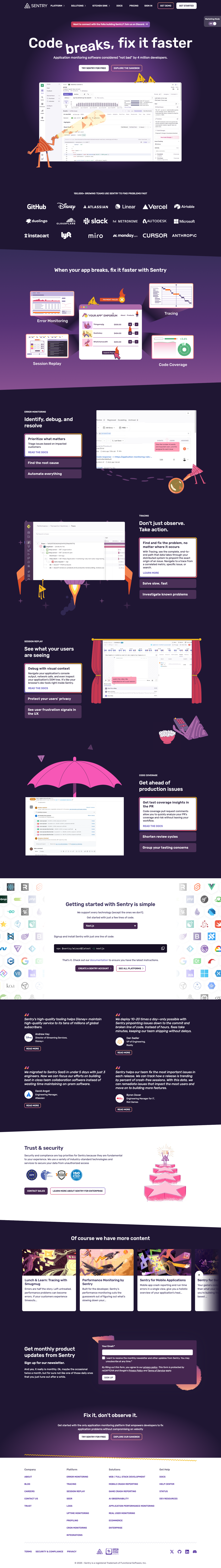 Sentry SaaS website - Application monitoring and error tracking platform with dark, elegant design featuring rich purple gradients and vibrant pink and orange accent colours. Great use of character animation throughout the interface.