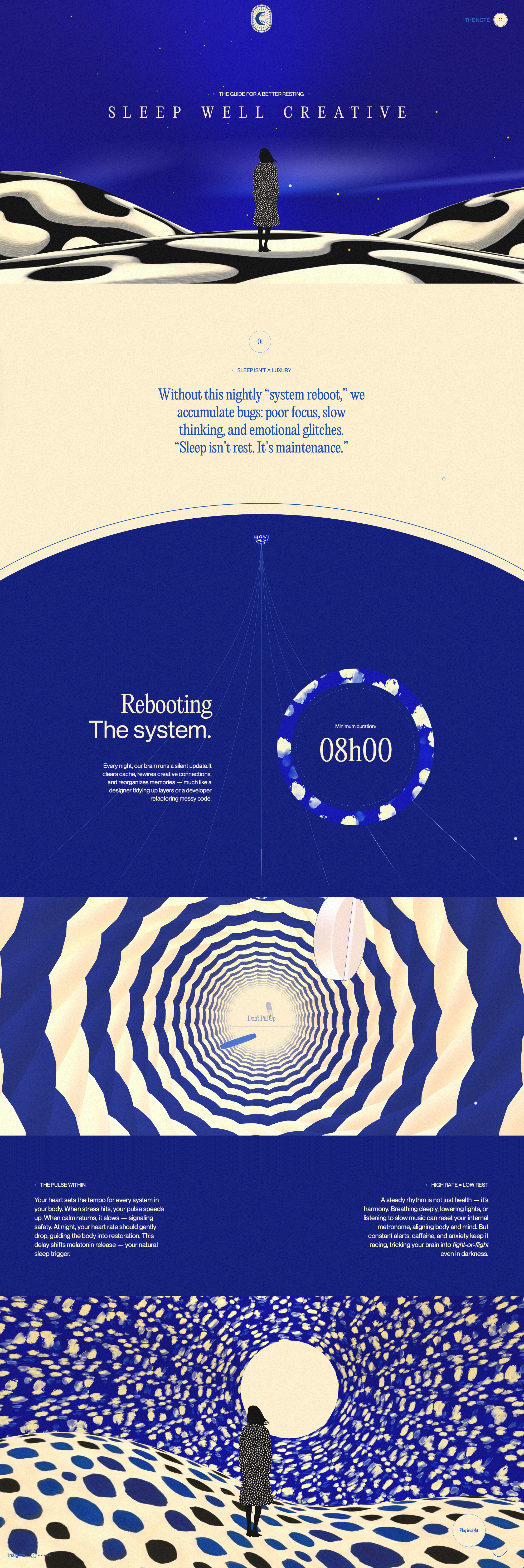 Sleep Well Creatives Portfolio website - An incredible immersive dream-like experience for designers and creatives seeking balance, better focus, and more efficient sleep. Limited colour palette of midnight blue and soft sand creates an atmospheric, meditative journey through handcrafted 3D environments.