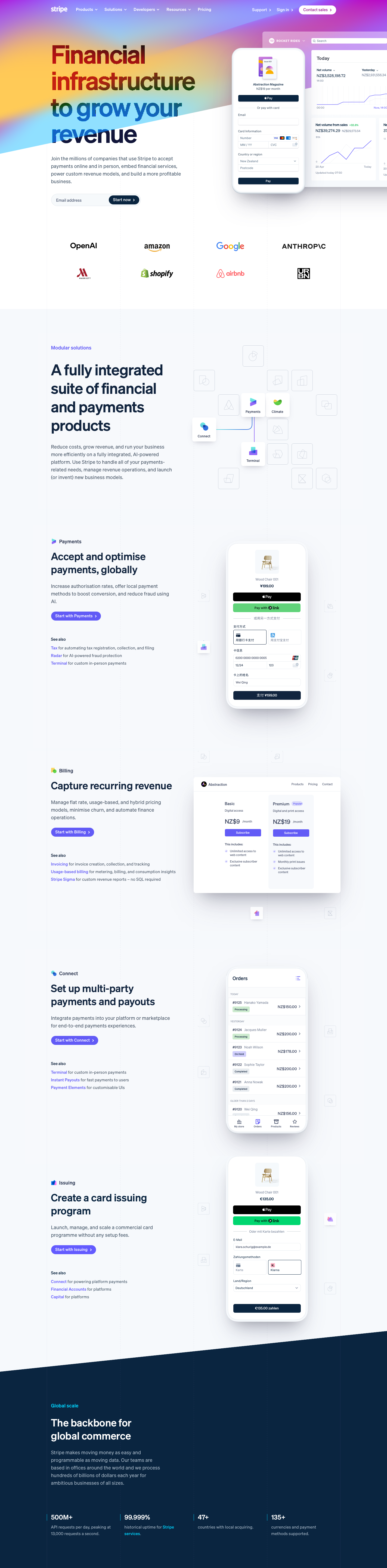 Stripe SaaS website - Online payment processing platform with clean, modern design system featuring a vibrant purple brand colour and rainbow gradient treatments across the homepage.