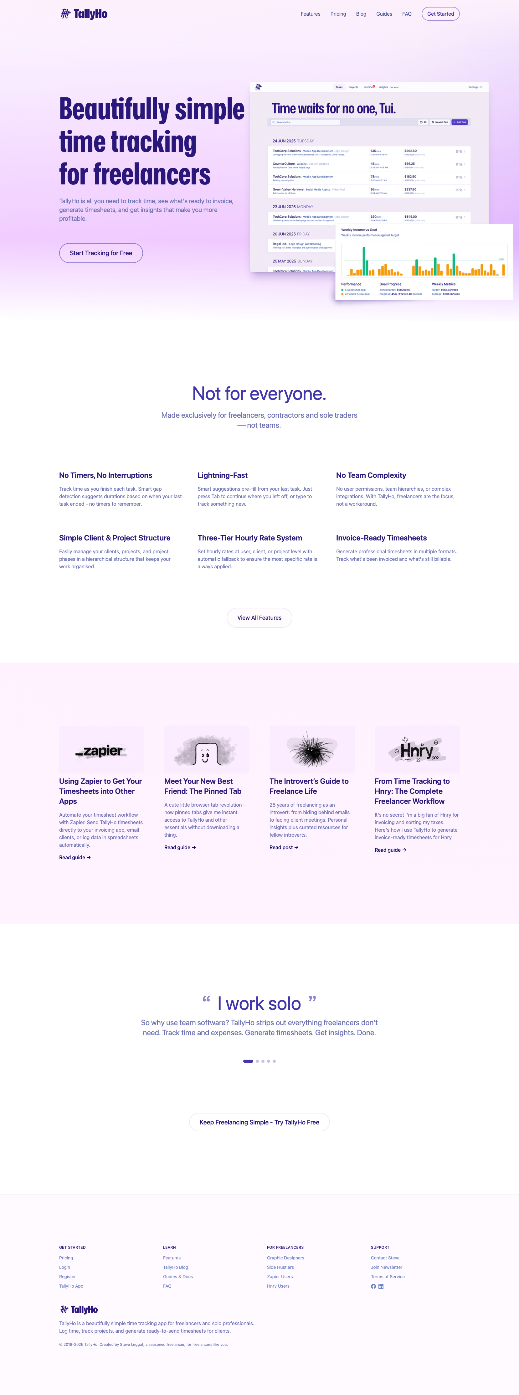 TallyHo SaaS website - Time tracking for freelancers built with SvelteKit and Tailwind v4. What stands out to me is the calming purple gradient palette with those pale, soft backgrounds - it makes the admin work feel less tedious. The colour choices create this gentle, approachable atmosphere.