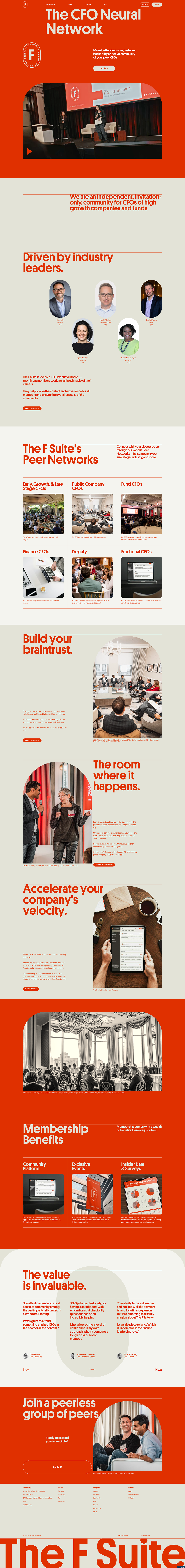 The F Suite Community website - Exclusive invitation-only community for CFOs of high-growth technology companies and investment funds. Modern, minimalist design with bold red-orange brand colour against clean white space and photography.