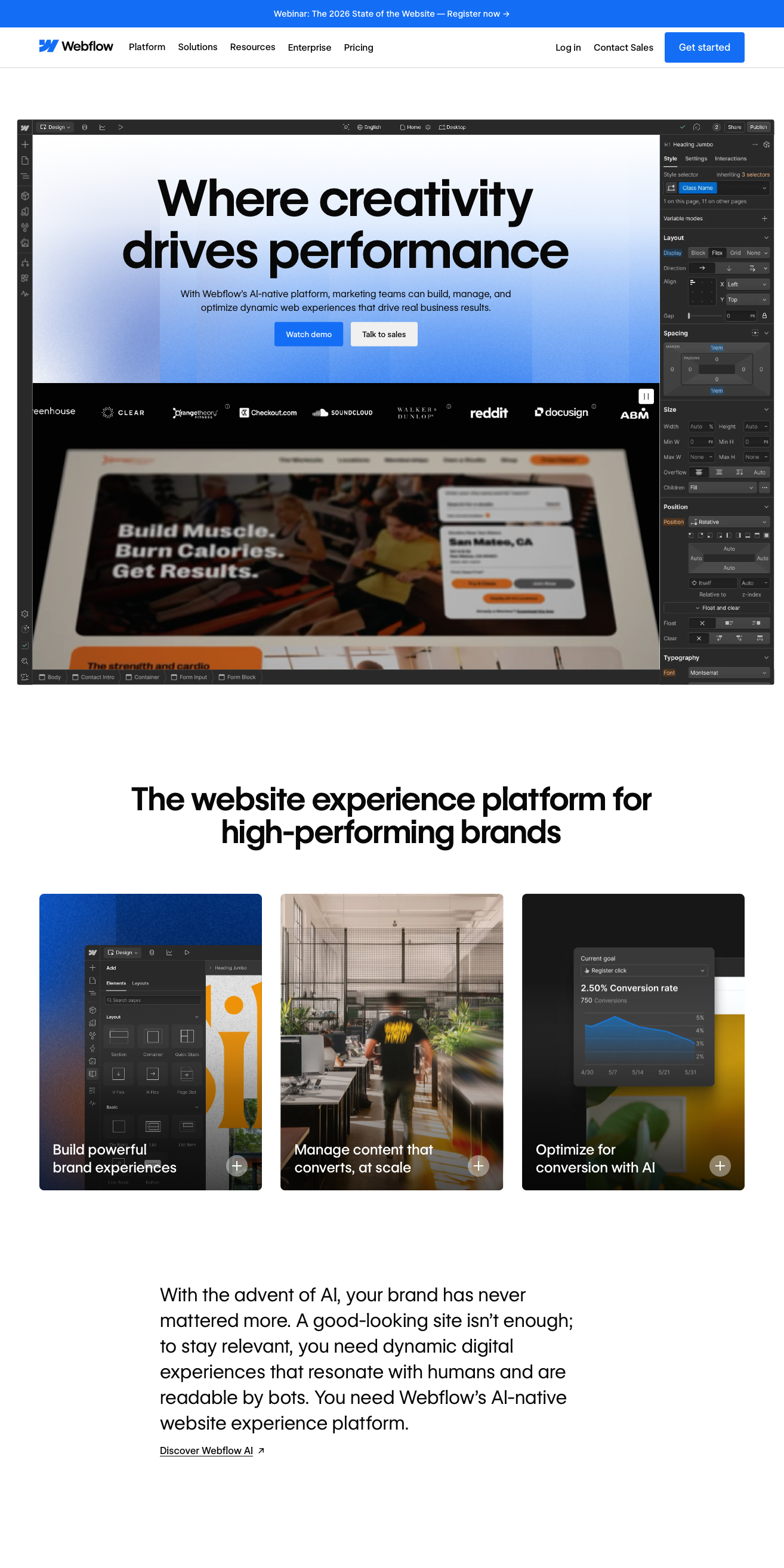 Webflow SaaS website - Visual website builder platform with a bold blue brand colour, dark interface elements, and vibrant orange and yellow accents showcasing their design-focused approach.
